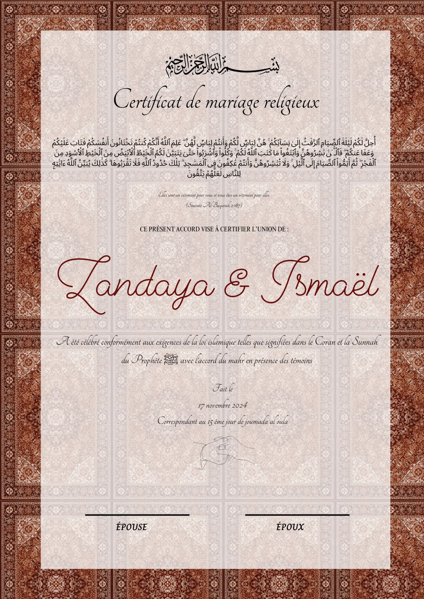 Amour - Certificat de Mariage Religieux - Nisaa & Co