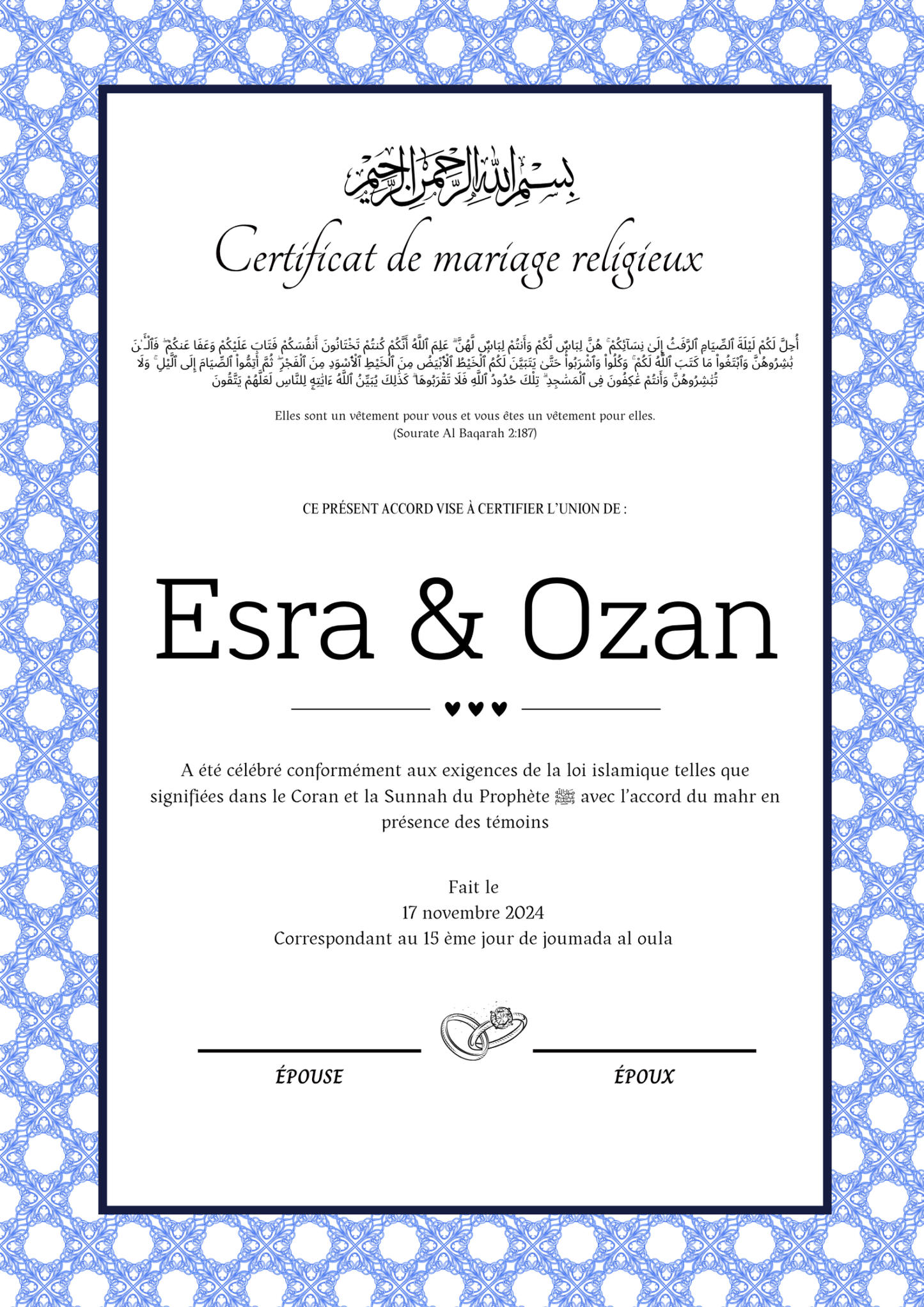Ask Mantik Intikam - Certificat de Mariage Religieux - Nisaa & Co