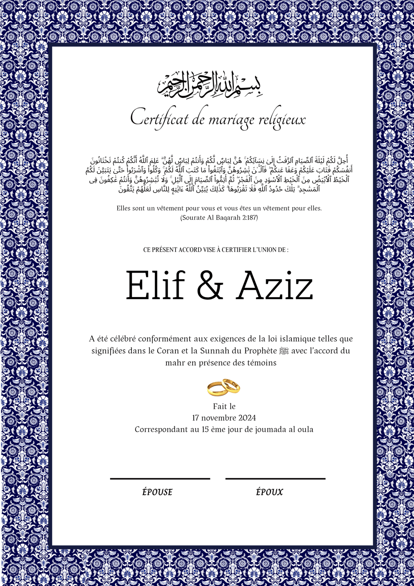 Esaret - Certificat de Mariage Religieux - Nisaa & Co