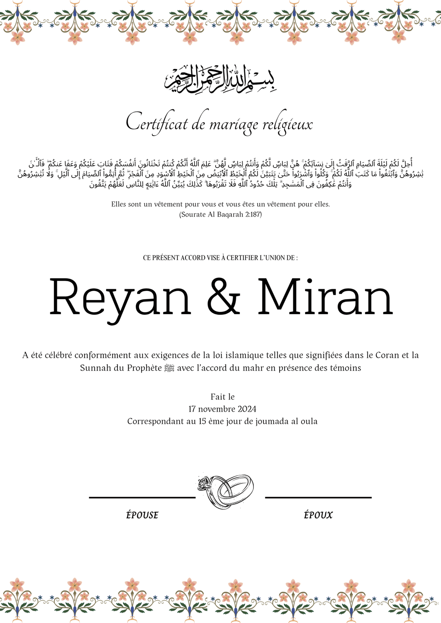 Hercai - Certificat de Mariage Religieux - Nisaa & Co