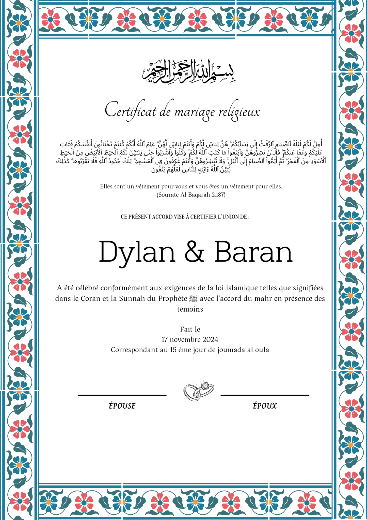 Kan çiçekleri - Certificat de Mariage Religieux - Nisaa & Co
