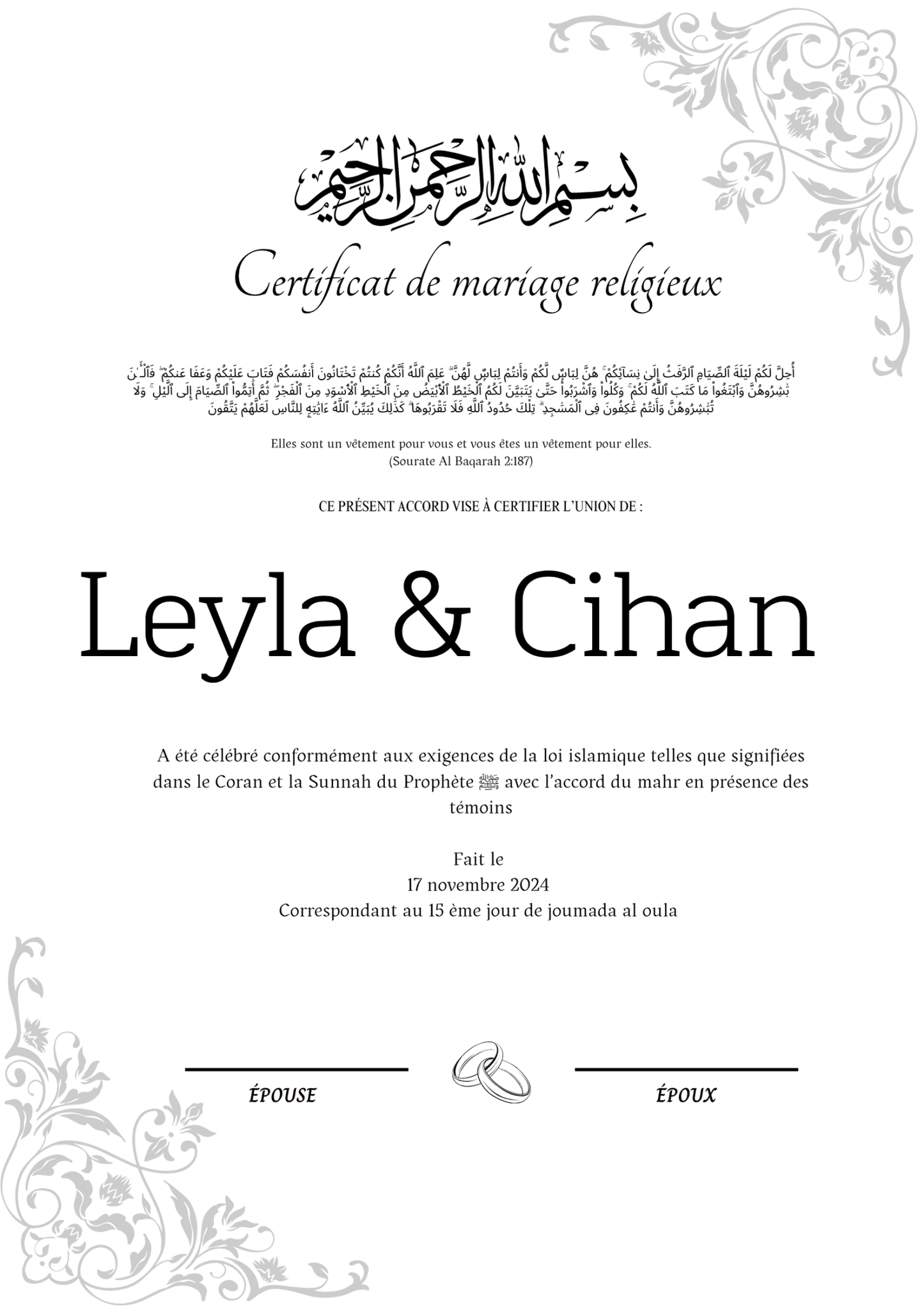 Leyla Hayat Ask Adalet - Certificat de Mariage Religieux - Nisaa & Co