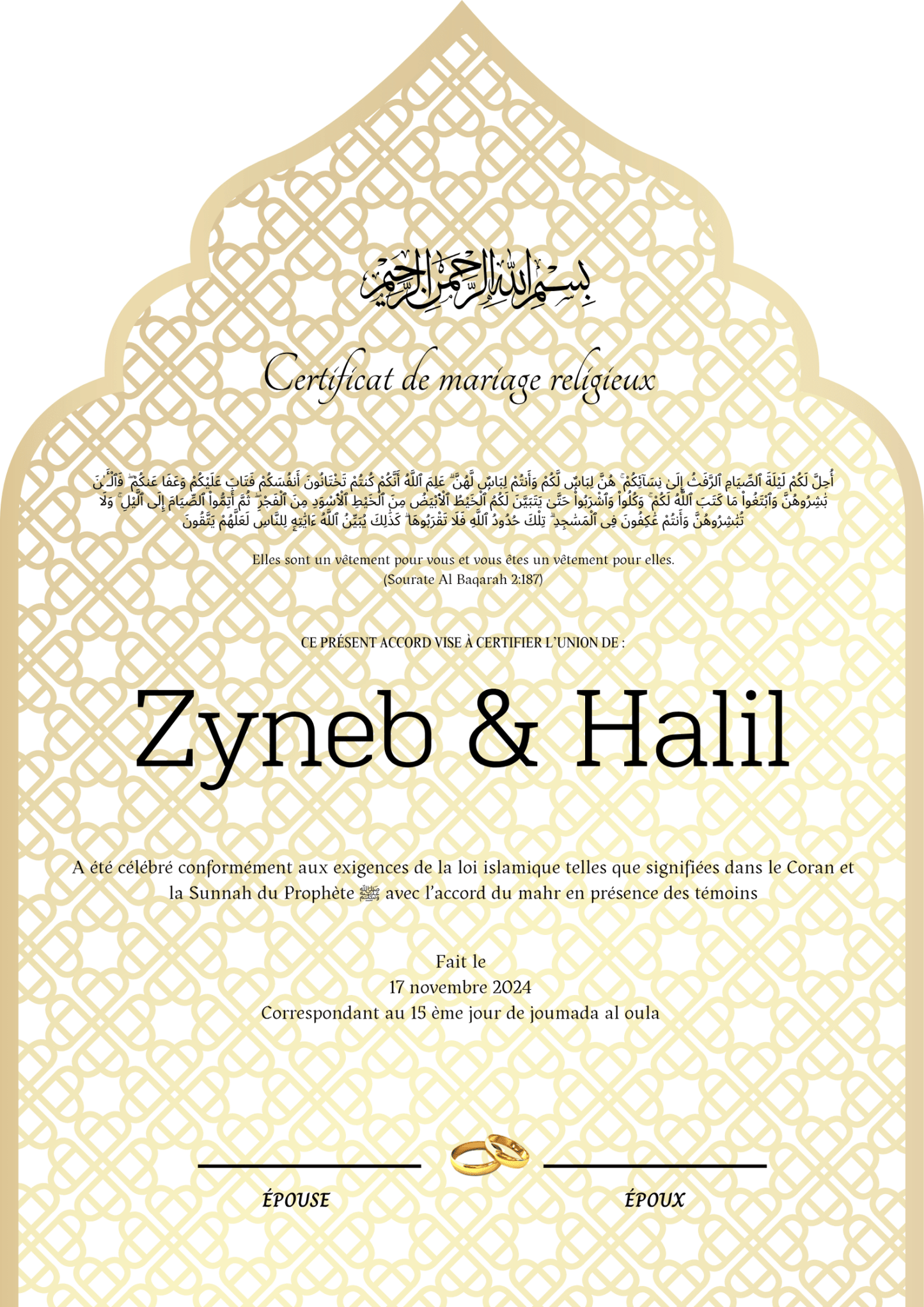Ruzgarlitepe - Certificat de Mariage Religieux - Nisaa & Co