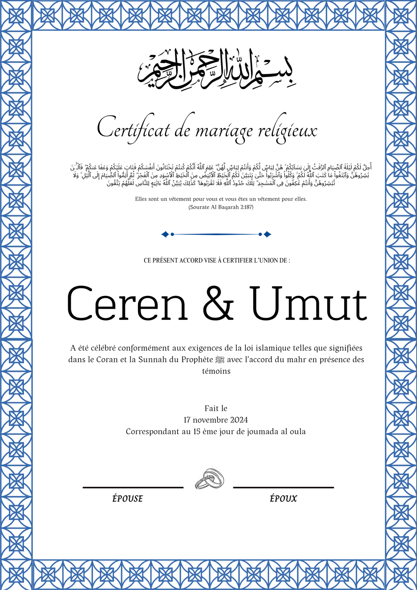 Tuzak - Certificat de Mariage Religieux - Nisaa & Co