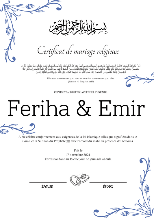 Adini Feriha Koydum - Certificat de Mariage Religieux - Nisaa & Co