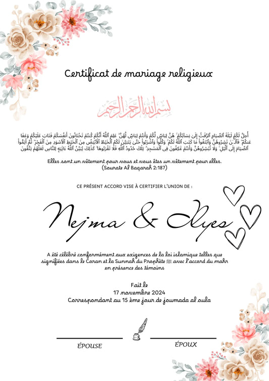 Alliance - Certificat de Mariage Religieux - Nisaa & Co