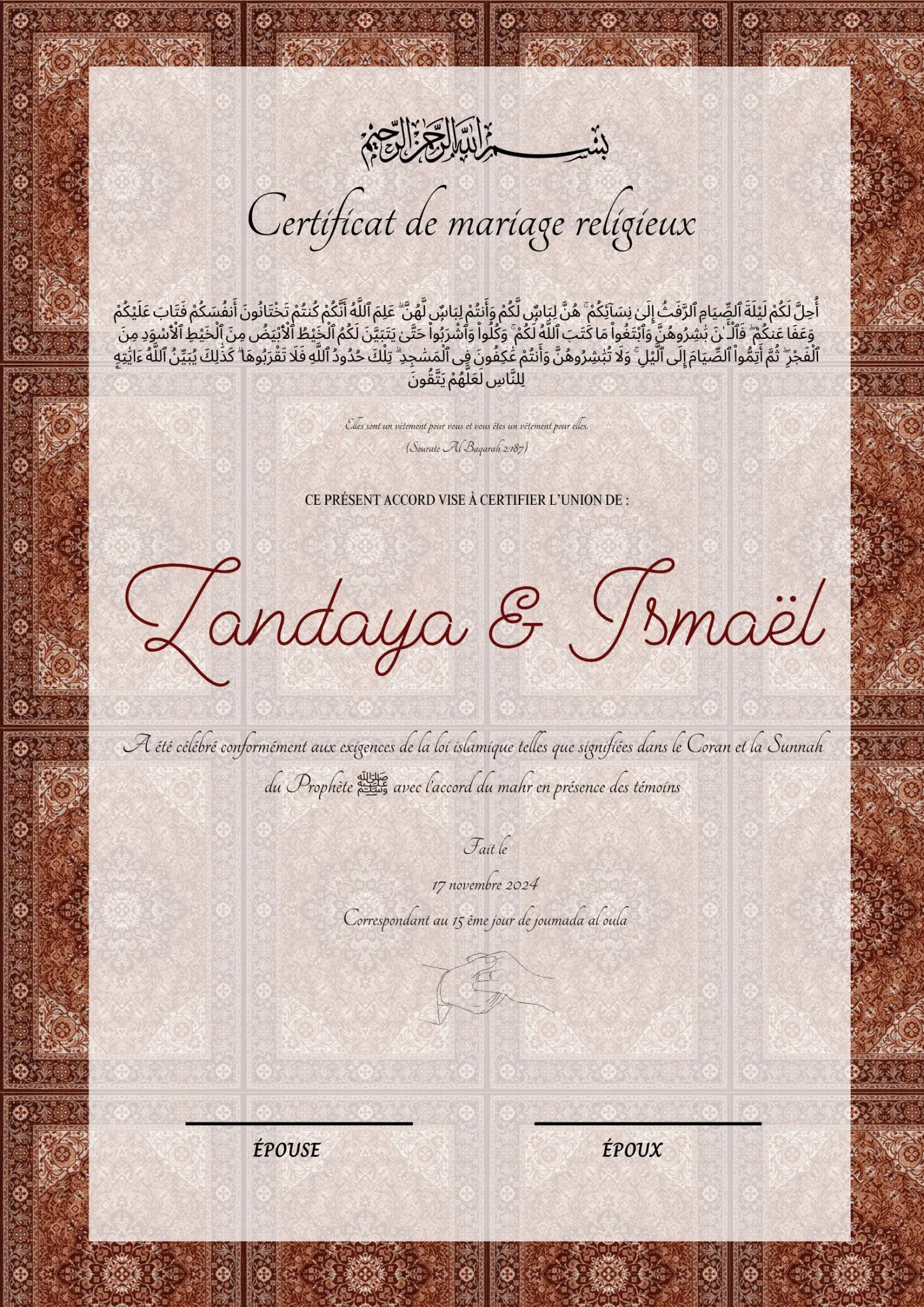 Amour - Certificat de Mariage Religieux - Nisaa & Co