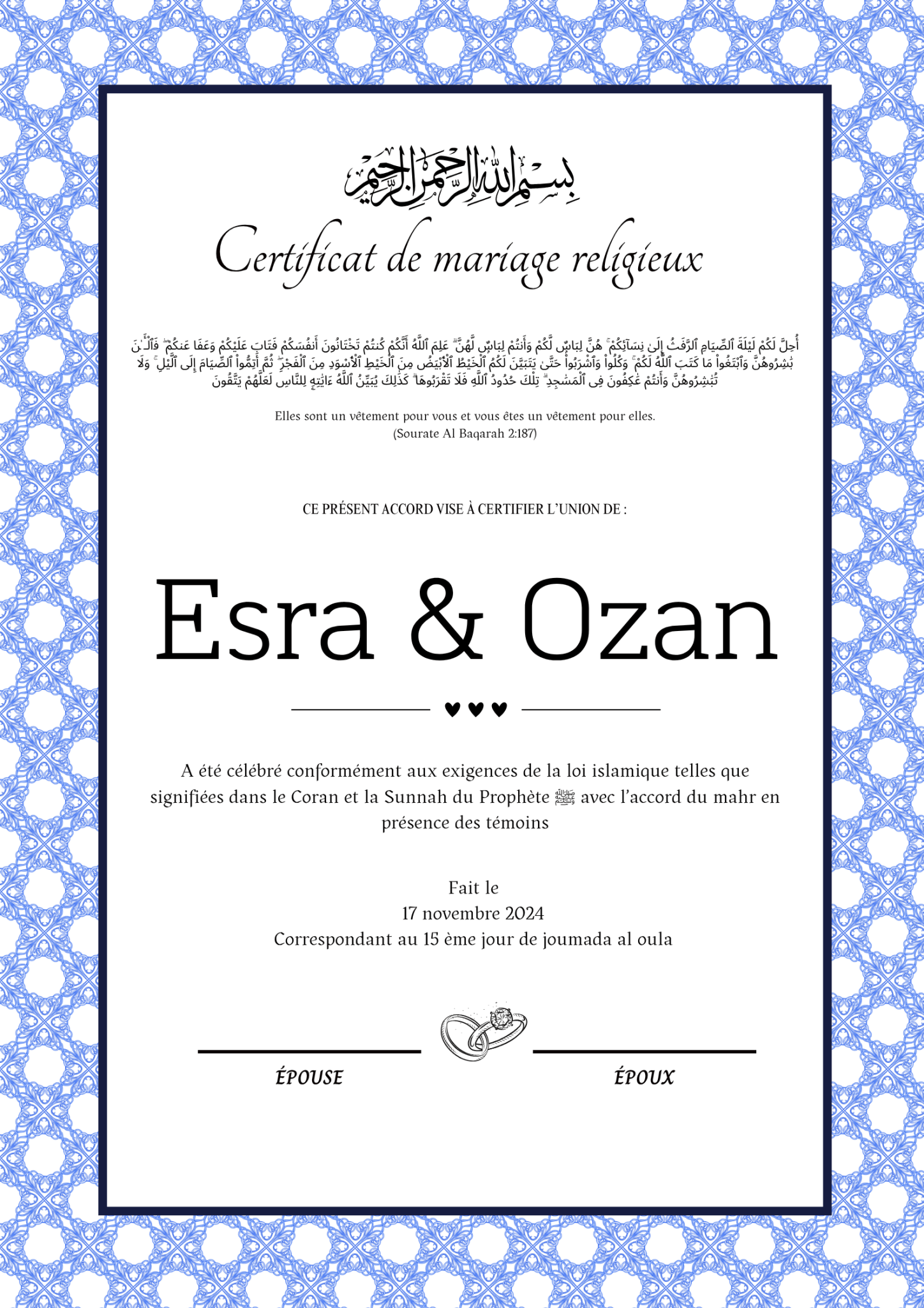 Ask Mantik Intikam - Certificat de Mariage Religieux - Nisaa & Co