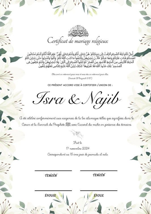 Ayla - Certificat de Mariage Religieux - Nisaa & Co