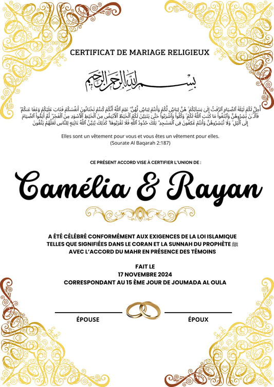 Baraka - Certificat de Mariage Religieux - Nisaa & Co