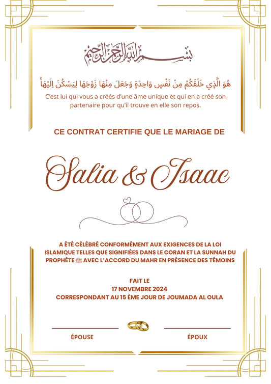 Camélia - Certificat de Mariage Religieux - Nisaa & Co