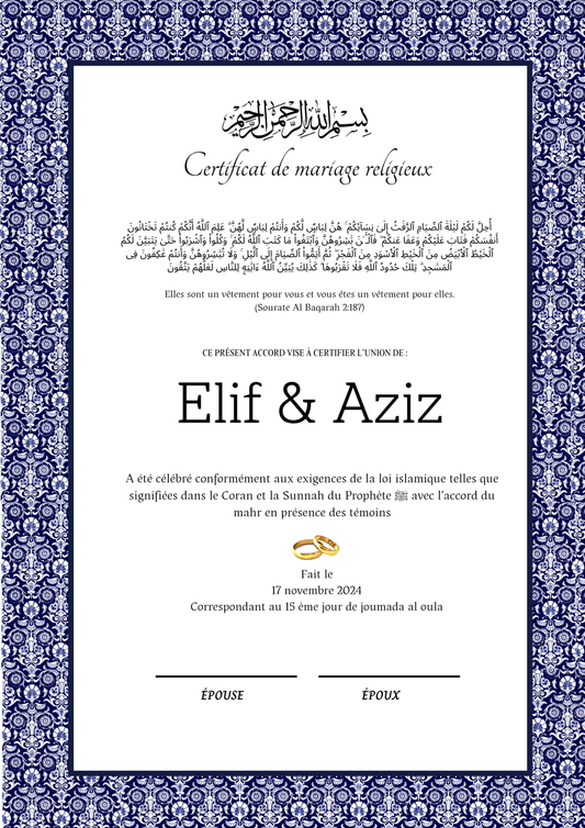 Esaret - Certificat de Mariage Religieux - Nisaa & Co