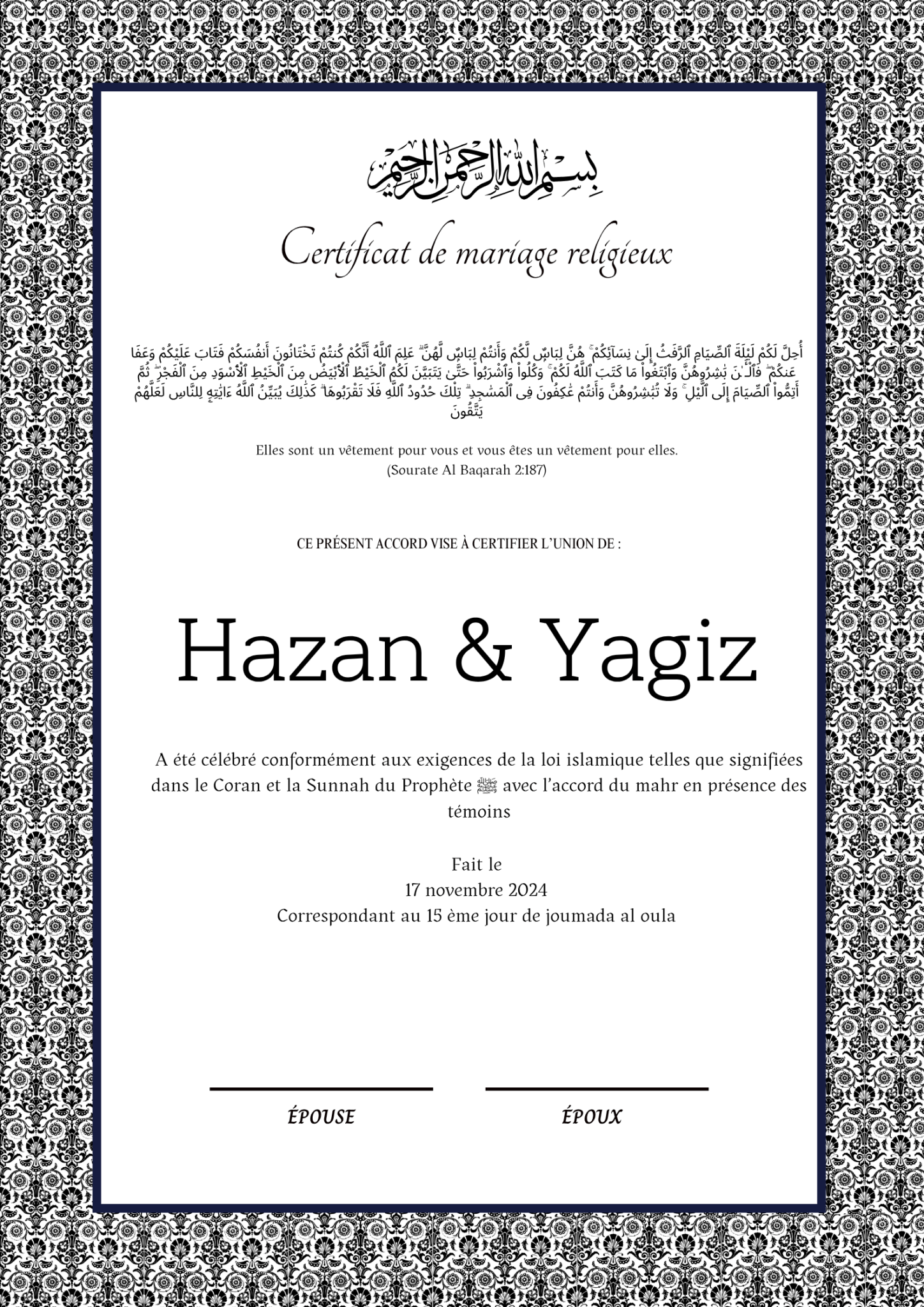 Fazilet Hanim Ve Kizlari - Certificat de Mariage Religieux - Nisaa & Co