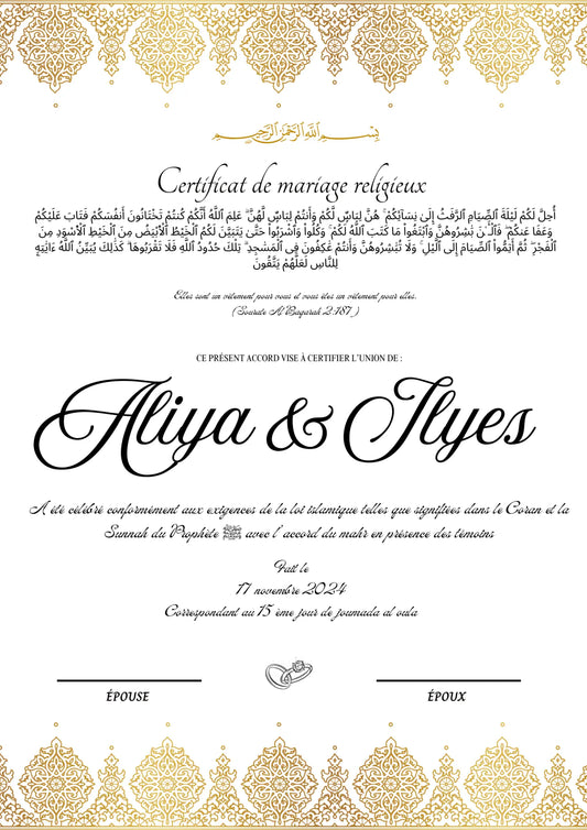 Guzalem - Certificat de Mariage Religieux - Nisaa & Co