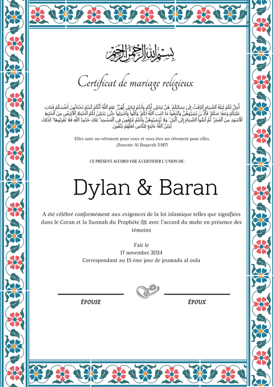 Kan çiçekleri - Certificat de Mariage Religieux - Nisaa & Co