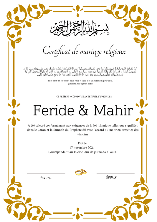 Karadayi - Certificat de Mariage Religieux - Nisaa & Co