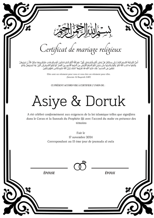 Kardeslerim - Certificat de Mariage Religieux - Nisaa & Co