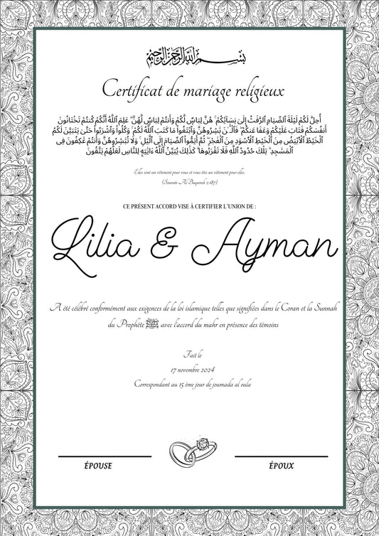 Kayna - Certificat de Mariage Religieux - Nisaa & Co