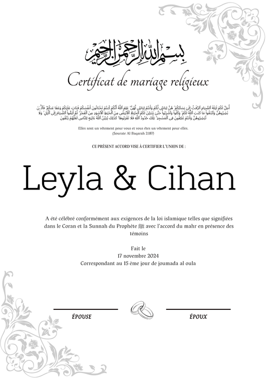 Leyla Hayat Ask Adalet - Certificat de Mariage Religieux - Nisaa & Co