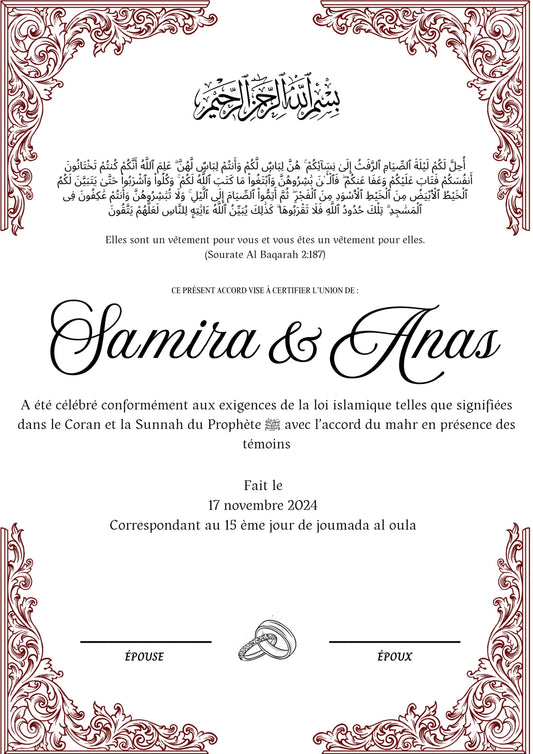 Luxe Oriental - Certificat de Mariage Religieux - Nisaa & Co