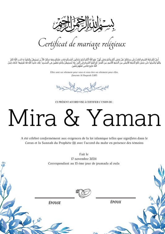 Medcezir - Certificat de Mariage Religieux - Nisaa & Co