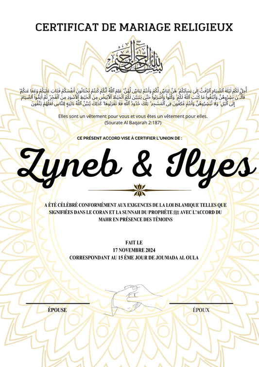 Nour & Engagement - Certificat de Mariage Religieux - Nisaa & Co