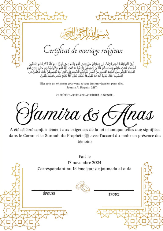 Oriental - Certificat de Mariage Religieux - Nisaa & Co