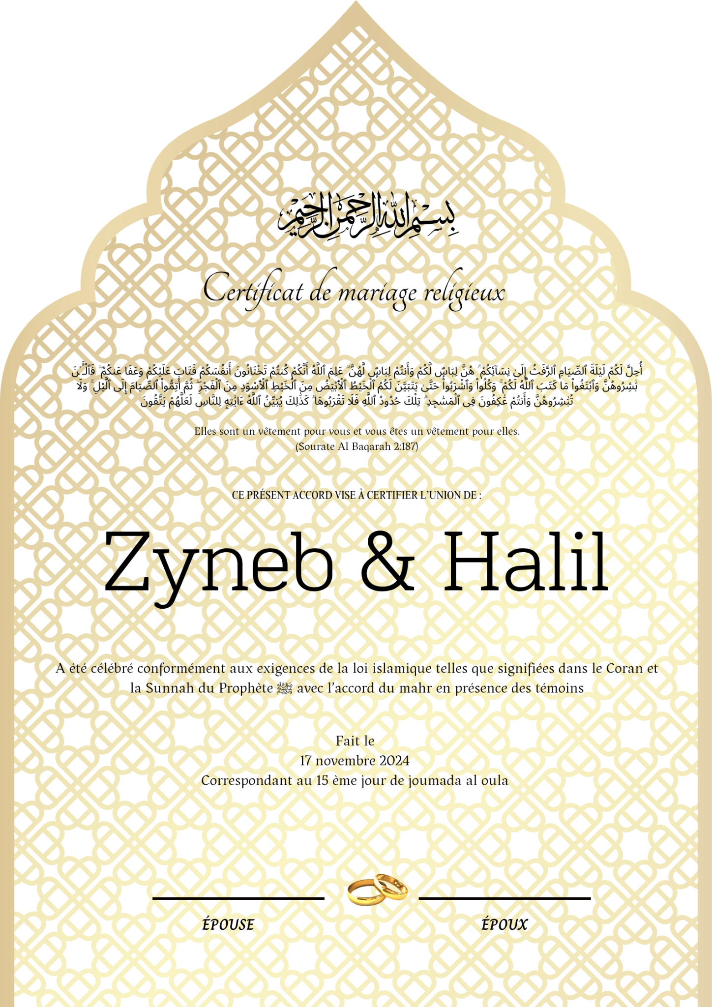 Ruzgarlitepe - Certificat de Mariage Religieux - Nisaa & Co