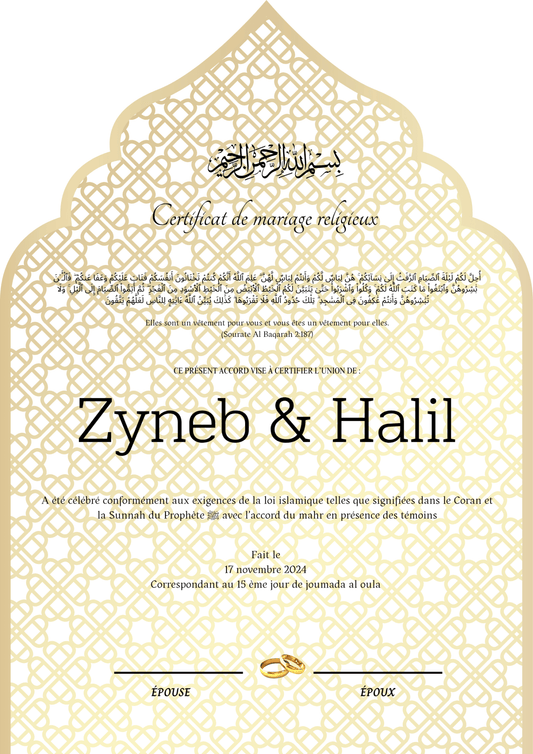 Ruzgarlitepe - Certificat de Mariage Religieux - Nisaa & Co