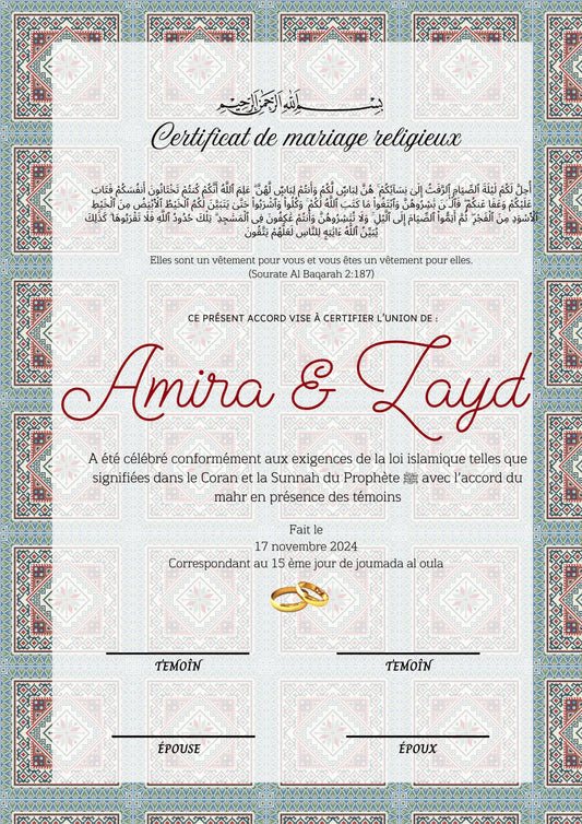 Sakina - Certificat de Mariage Religieux - Nisaa & Co