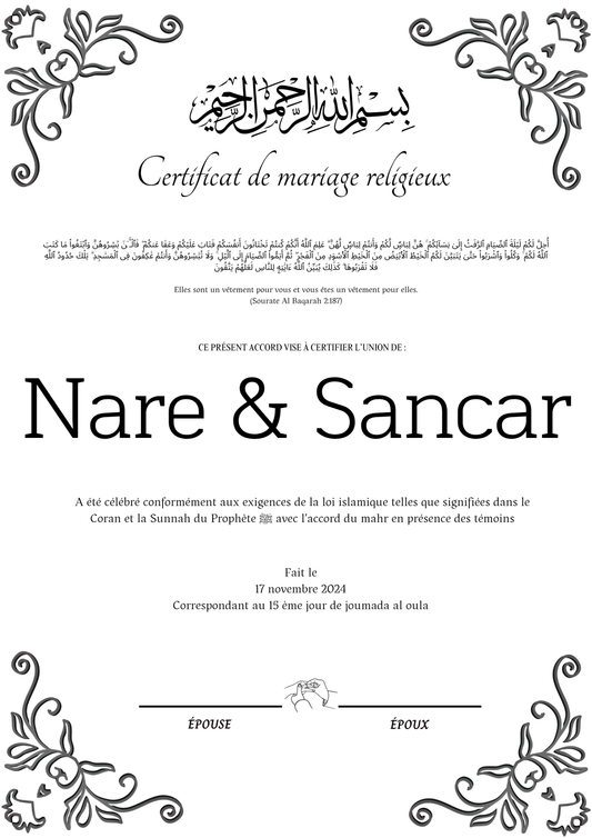 Sefirin Kizi - Certificat de Mariage Religieux - Nisaa & Co
