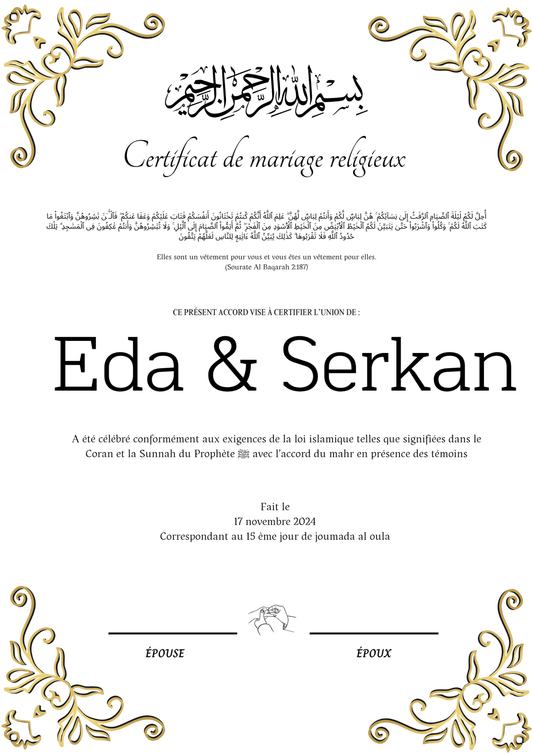 Sen Cal Kapimi - Certificat de Mariage Religieux - Nisaa & Co