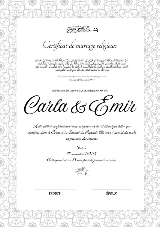 Serment de Qalb - Certificat de Mariage Religieux - Nisaa & Co