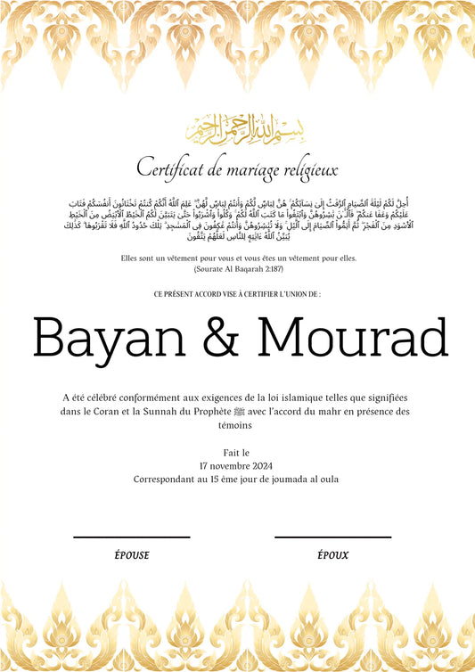 Talia - Certificat de Mariage Religieux - Nisaa & Co