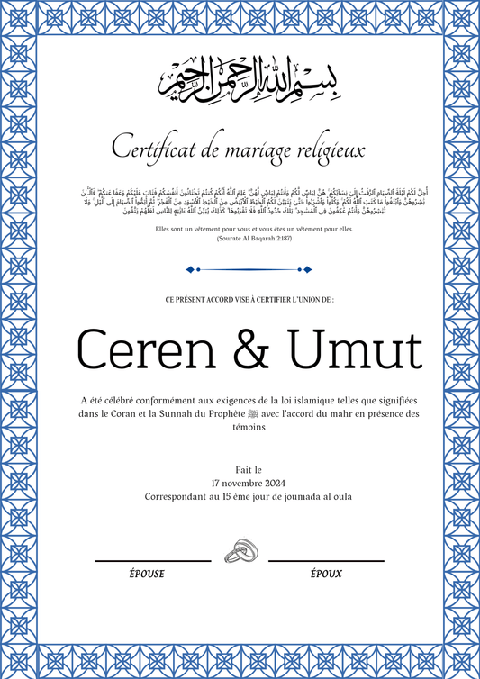 Tuzak - Certificat de Mariage Religieux - Nisaa & Co