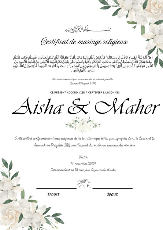 Wahda - Certificat de Mariage Religieux - Nisaa & Co