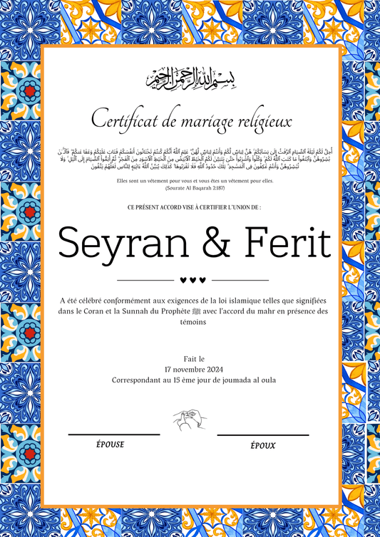 Yali capkini - Certificat de Mariage Religieux - Nisaa & Co