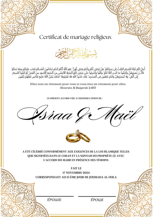 Zina - Certificat de Mariage Religieux - Nisaa & Co